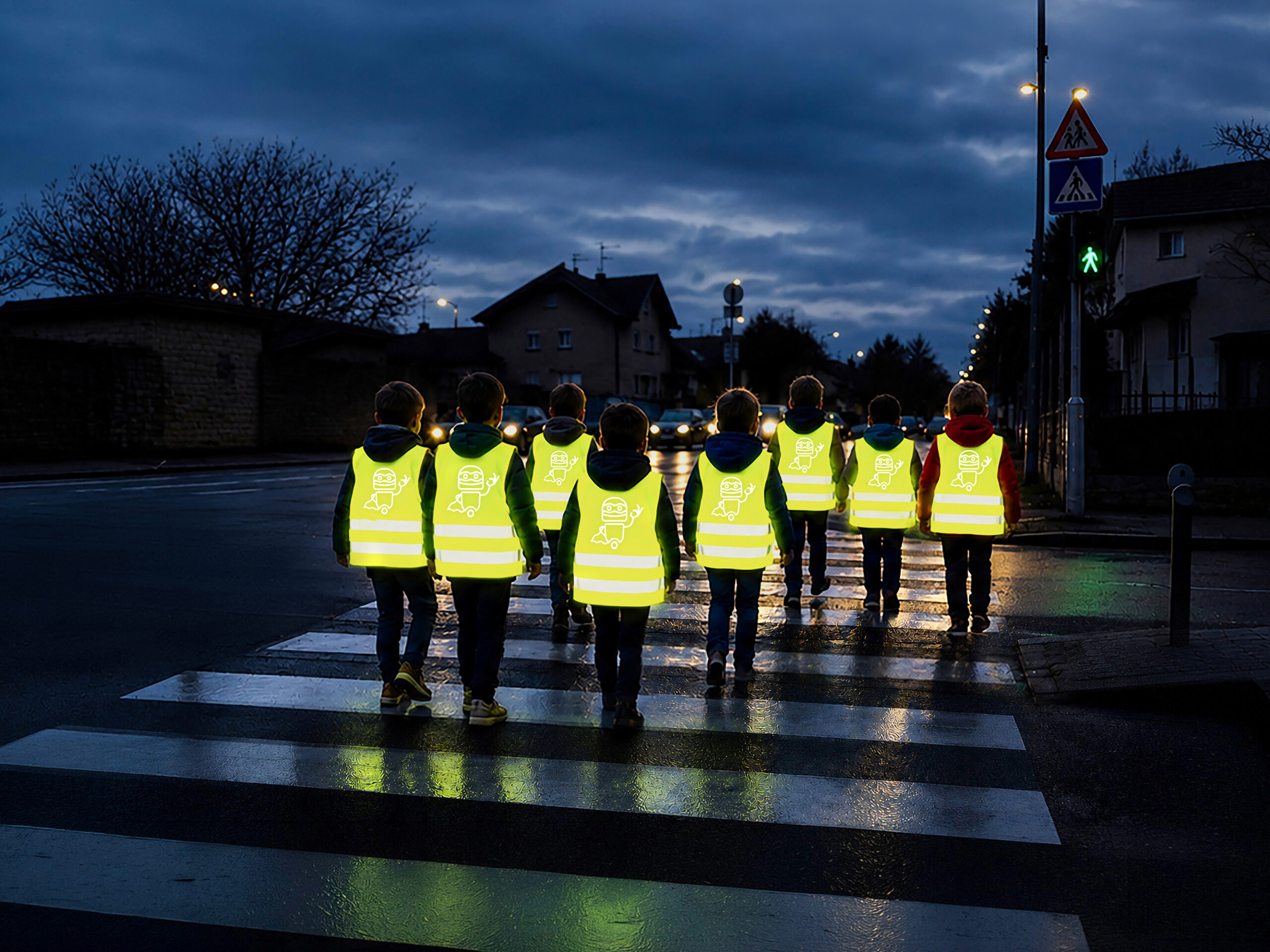 Des enfants portant un gilet de sécurité Wonder Robot traversent la rue